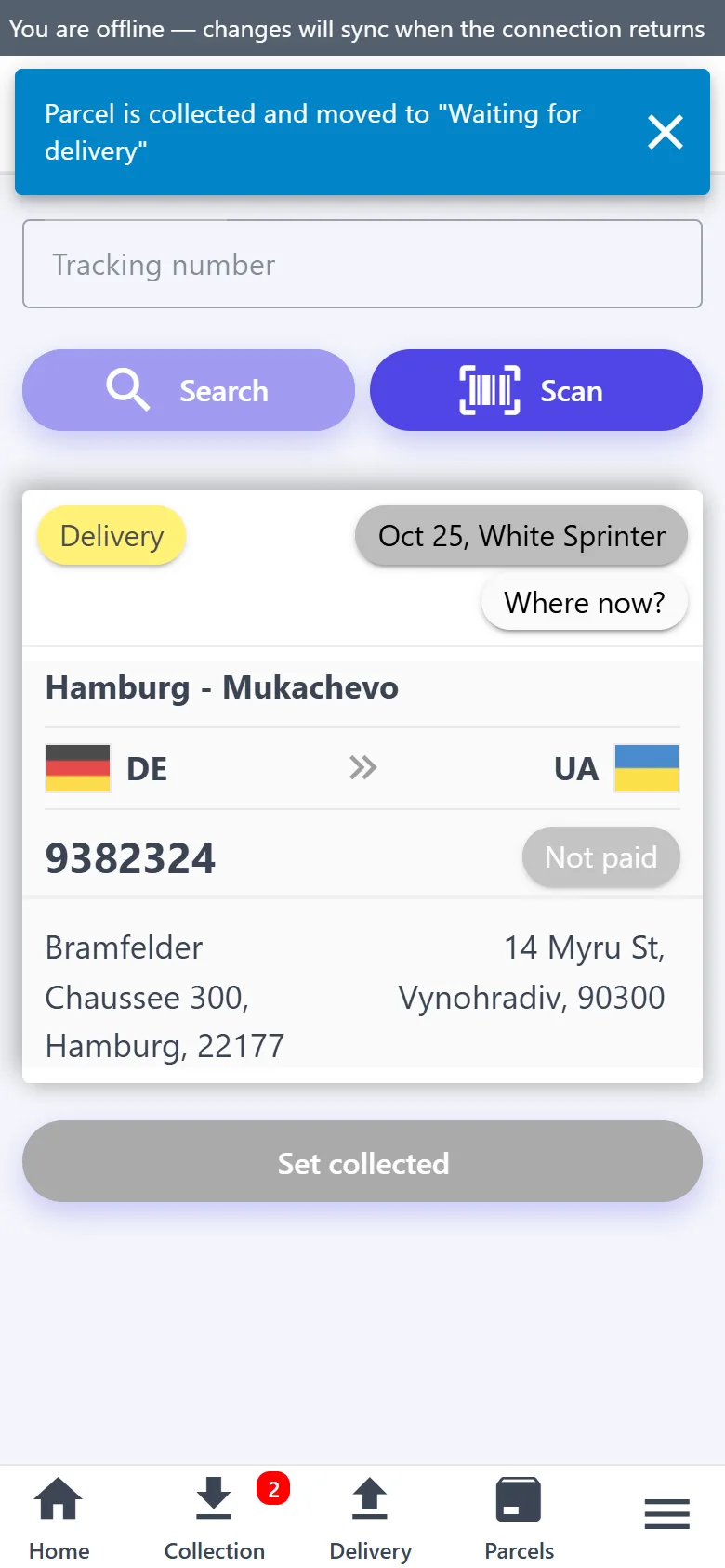 Collecting a parcel offline