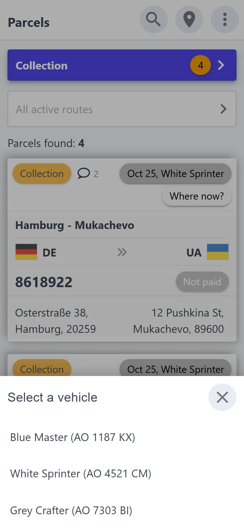 Where the parcel is now: choosing a vehicle