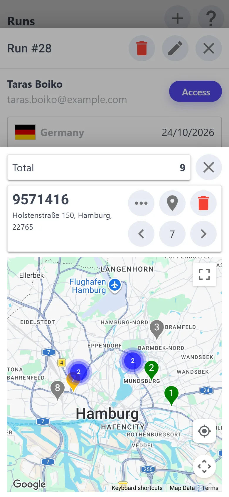 Run map with stop numbers
