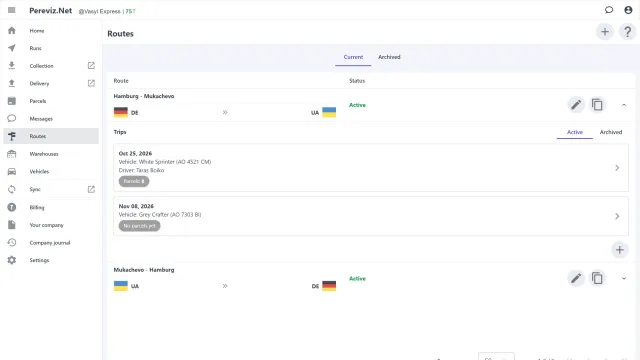 Routes with trips in a table