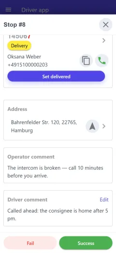 Operator and driver comments