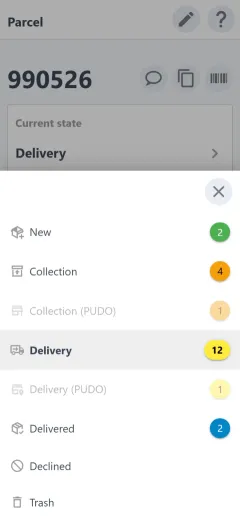Changing the status on the parcel card