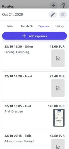Expenses with receipt photos
