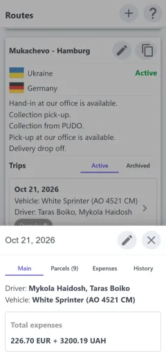 Trip: drivers, vehicle, expenses