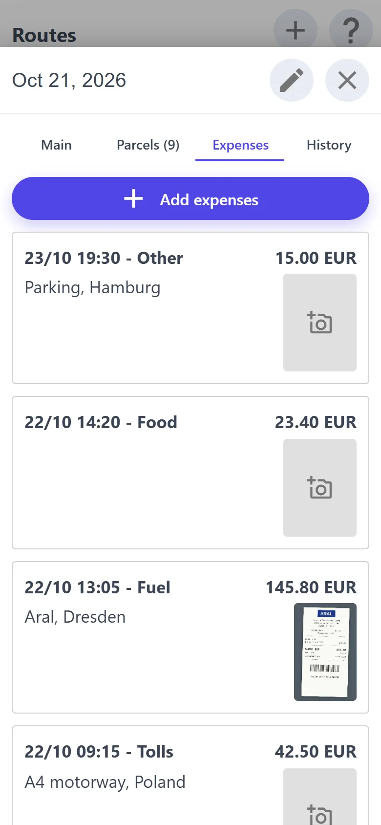 Trip expenses with receipt photos