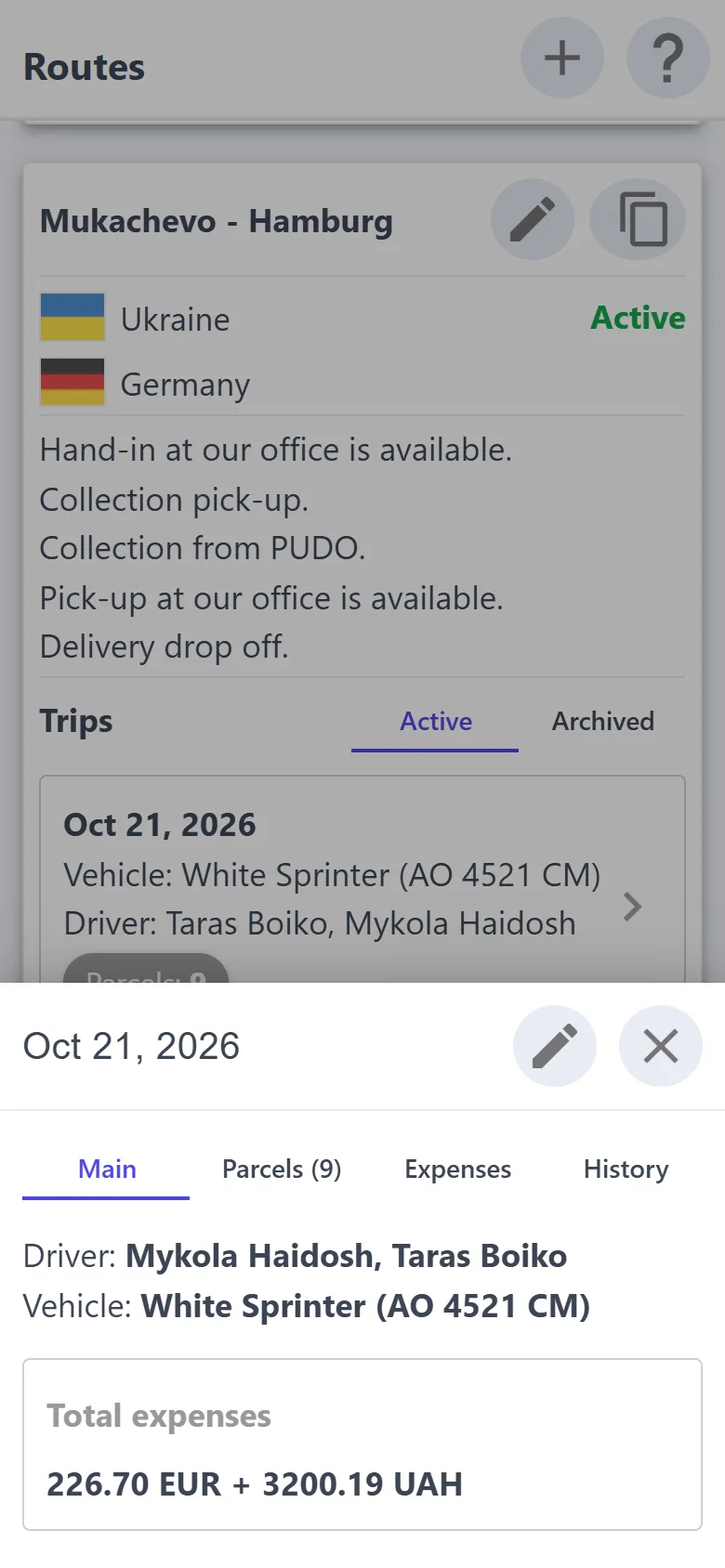 Trip: drivers, vehicle, expenses