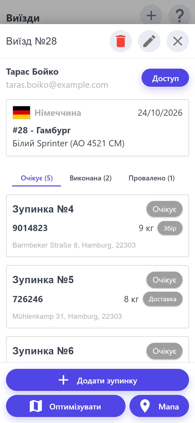 Виїзд: зупинки за статусами «Очікує», «Виконана», «Провалено»